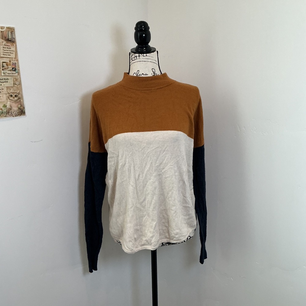 Madewell Colorblock Mock Neck Sweater Brown Cream Navy Size Medium Relaxed Knit